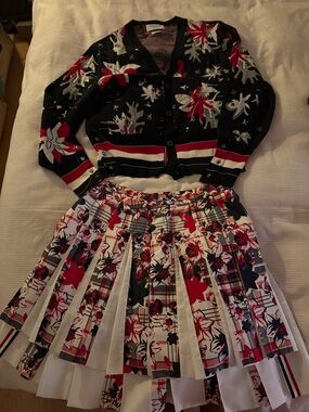 Thom Browne Floral Plaid Pleated Skirt and Embellished Cardigan Set